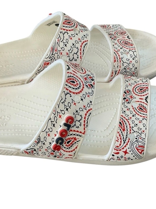 Shoes - Crocs white red blue paisley print Americana sandals slides size 9